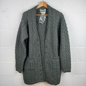 Aran Crafts Ireland 100% Merino Wool Cable Knit Cardigan Sweater Green Size L